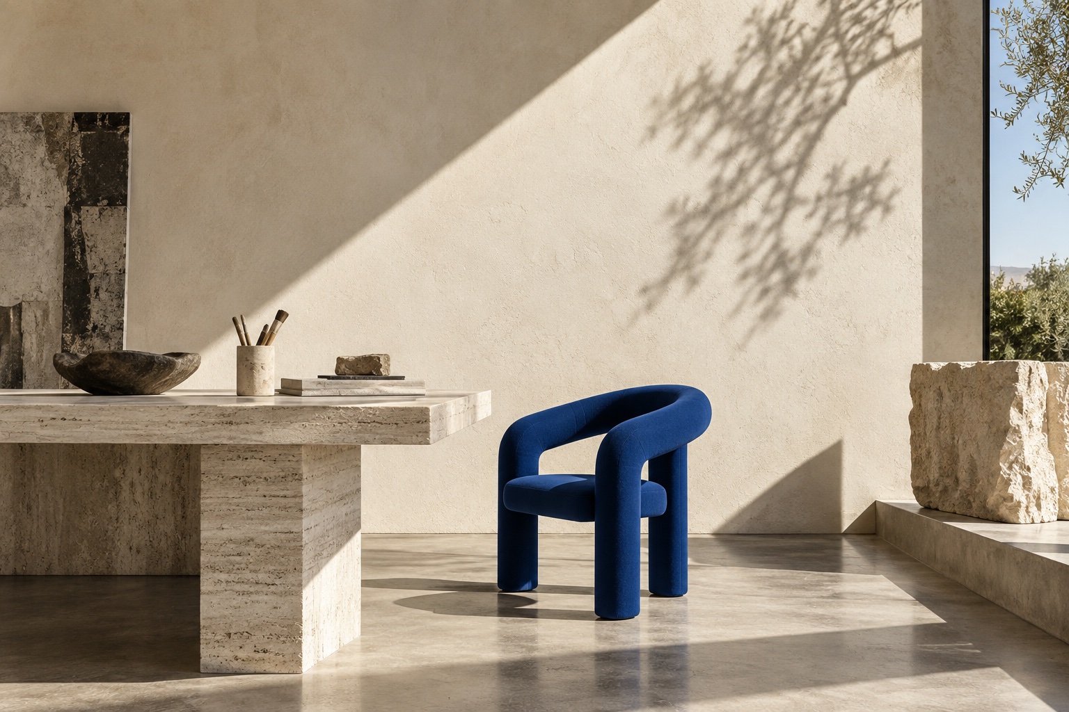 A cobalt blue sculptural chair in a sunlit design atelier, beside a travertine worktable